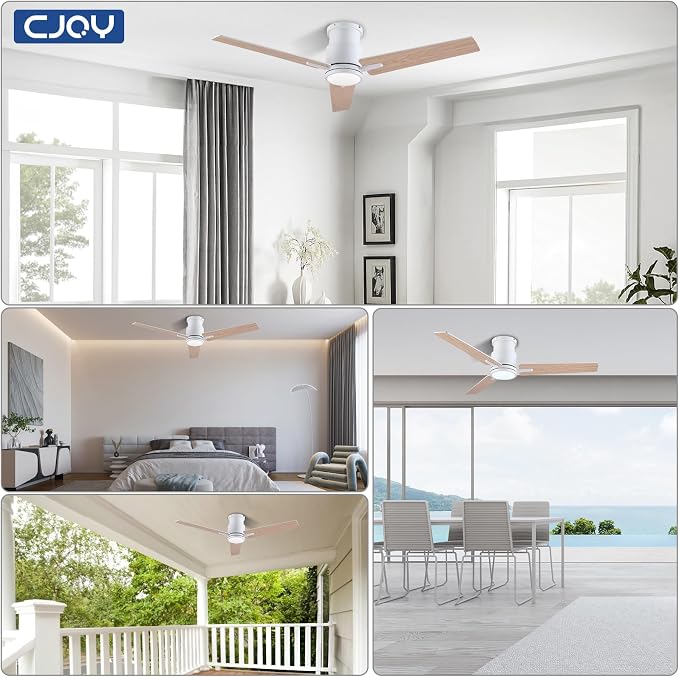 CJOY Ceiling Fans with Lights, 52 Inch Low Profile Ceiling Fans with Light and Remote, Reversible DC, Flush Mount, 3CCT，Dimmable, Modern Indoor/Outdoor Design for Bedroom, Living Room, Patio(White)