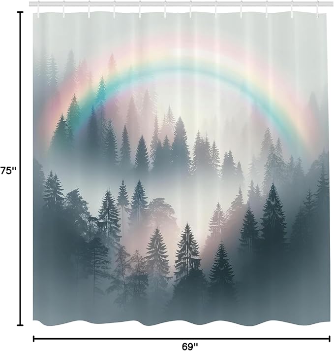 Ambesonne Grey Shower Curtain, Art Delicate Rainbow with Foggy Woods Scenery of Wild Nature Mountains Print, Cloth Fabric Bathroom Decor Set with Hooks, 69" W x 75" L, Multicolor Dark Teal