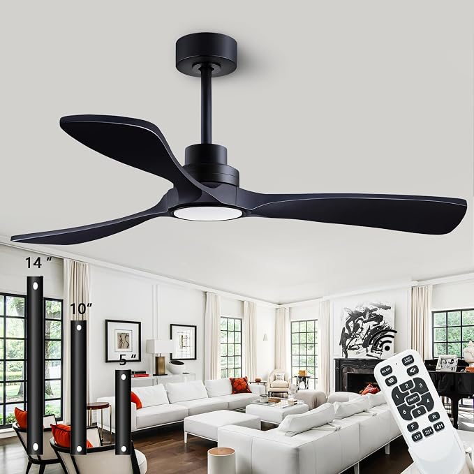 52-inch Silent Ceiling Fan Light with Remote Control, Black Wood Finish. | 3CCT, mobile app, full memory function, for use in living rooms, dining rooms, bedrooms, offices, balconies, and outdoors.