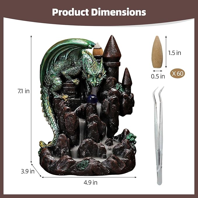 Dragon Backflow Incense Burner, Waterfall Incense Burner Mountain Backflow Incense Holder,Resin Castle and Dragon,Includes 60 Sandalwood Cones and Tweezers,for Home Decoration and Relaxation