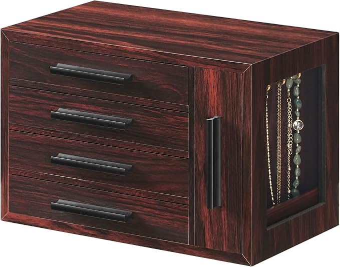HOOBRO Jewelry Box for Women, Wooden Jewelry Organizer with Transparent Window, 4-Layer Jewelry Organizer Box, Jewelry Holder Organizer for Earrings, Necklaces, Rings, Dark Walnut and Black BRT09JB04