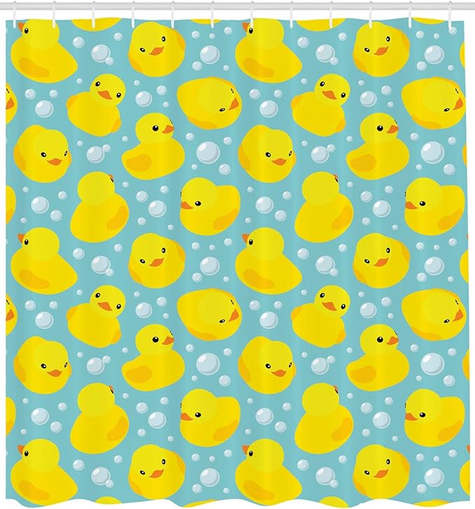 Ambesonne Cartoon Shower Curtain, Happy Rubber Duck and Bubbles Pattern Theme Art, Cloth Fabric Bathroom Decor Set with Hooks, 69" W x 84" L, Yellow Aqua
