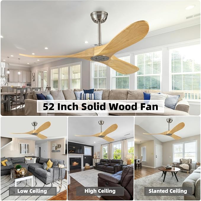 52 Inch Ceiling Fan No Light,Solid Wood Ceiling Fan Without Light, 3 Wood Blades 6 Speeds Smart Timing Reversible DC Motor, Modern Fans for Indoor Outdoor Farmhouse Patios