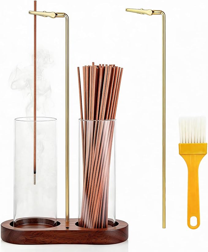Glass Incense Holder, 2 in 1 Hanging Incense Burner Holder with Ash Catcher & Storage | Cute Boho Decor for Meditation, Yoga, Spa | Stick Incense Holder, Censer, Incense Tray Alternative (Walnut)