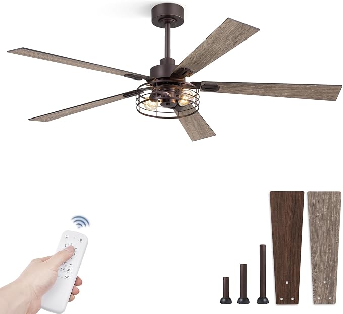 Fanbulous 1 Pack Farmhouse 60 Inch Ceiling Fans with Lights, Industrial Caged Ceiling Fans for Bedroom Living Room, Double-Sided 5 Blades Rustic Ceiling Fan-Oil Bronze