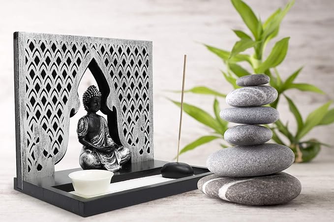 Zen Garden Candle Holder Home Decor - Buddha Incense Stick Holder Office Desk Accessories - Zen Garden Sand Office Decor - Buddha Statue Table Top - 12" x 12"