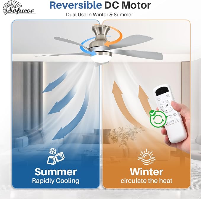 Sofucor 42 Inch Low Profile Ceiling Fan with Light, Flush Mount Outdoor Ceiling Fan with Remote for Farmhouse Bedroom Living Room Patio, Dimmable LED High Airflow Quiet Reversible DC Motor