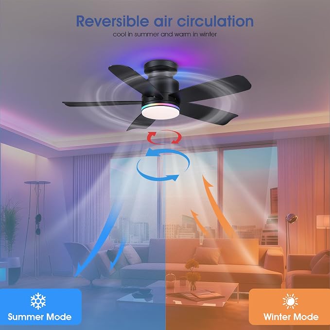 Wiviniya 41 Inch Black Flush Mount Ceiling Fans with RGB Lights, 5 Reversible Blades, 6-Speed 2H Timer, RGB & 3 CCT Dimmable, Remote & APP Control for Bedroom Living Room