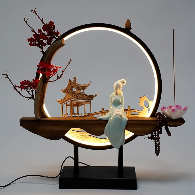 TFCFL Backflow Incense Holder with LED Light Ring, Chinese Style Handmade Flower Censer Incense Burner Home Decor Aromatherapy Ornament Incense Holders with Backflow, USB Cable (Red Plum)