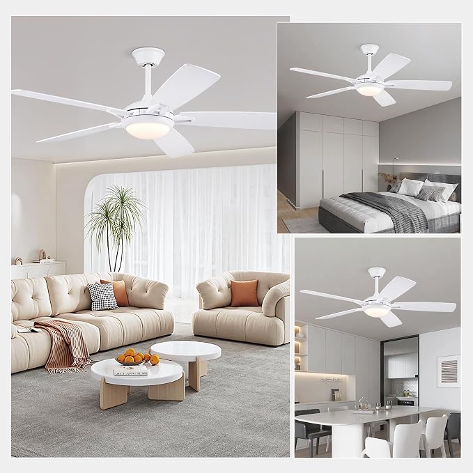 Kviflon 52 Inch Ceiling Fans with Lights and Remote, Modern Indoor Outdoor Ceiling Fan for Bedroom Living Room Patio Porch, 6 Speeds, Reversible Quiet Motor, Dual Finish Wooden Blades, White