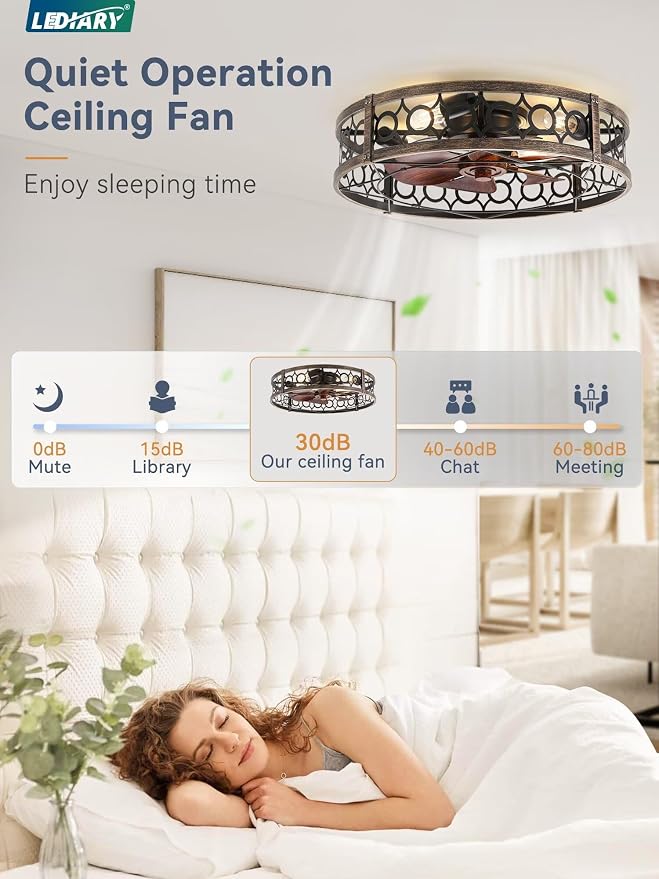 LEDIARY Caged Flush Mount Ceiling Fans with Lights, 23 Inch Farmhouse Low Profile Ceiling Fan with Remote, Small Bladeless Fan Lights Ceiling Fixtures for Bedroom, Kitchen- Black and Gold