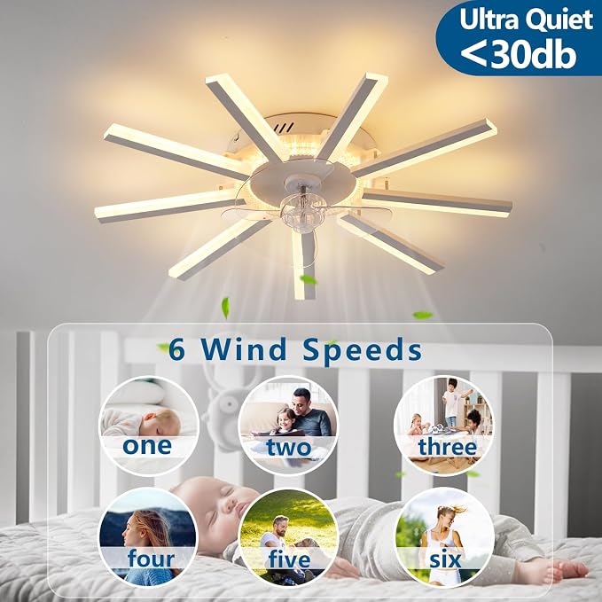Modern LED Ceiling Fan with Light, 30" Low Profile Flush Mount Ceiling Fan with Remote & APP Control, Dimmable Smart Fandelier with 6 Speeds for Bedroom Living Room Dining Room (White)