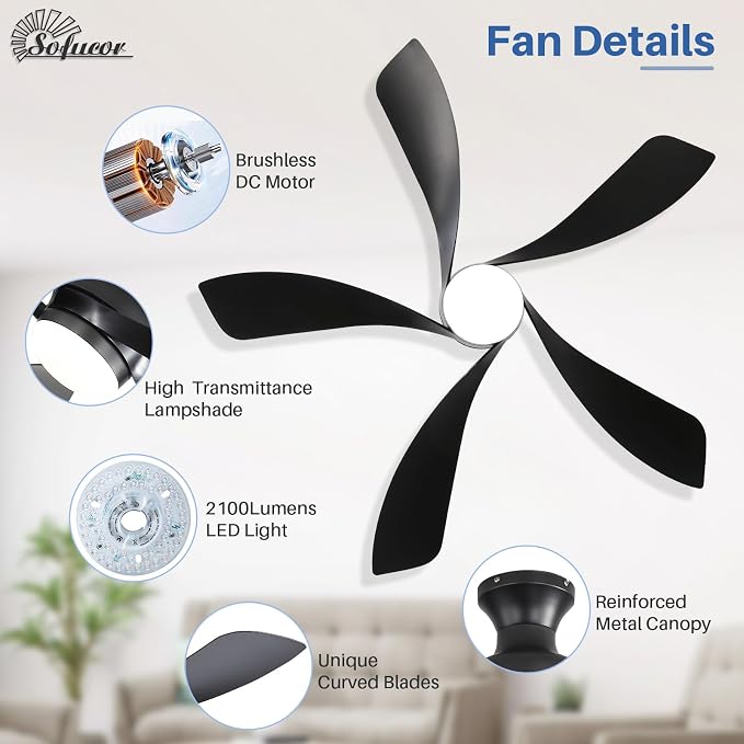 Sofucor 52 Inch Low Profile Ceiling Fan with Light, Flush Mount Outdoor Black Ceiling Fan with Remote for Bedroom Living Room Patio, Dimmable LED High Airflow Quiet Reversible DC Motor