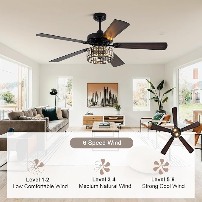 60" Crystal Ceiling Fan with Lights and Remote, Rustic Chandelier | Farmhouse Fandelier Ceiling Fan, Crystal Caged Chandelier for Living Room Indoor Cover Porch, Reversible DC Motor 6 Speeds