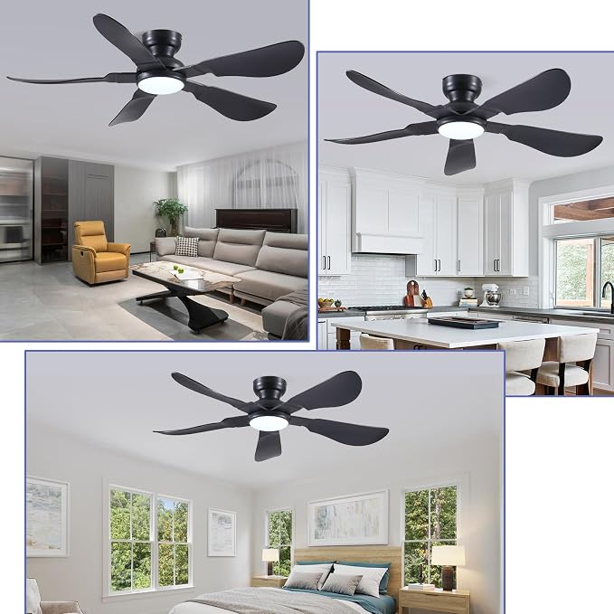 Kviflon 52 Inch Modern Ceiling Fans with Lights, Flush Mount Ceiling Fan with Light and Remote/APP Control, 5 Reversible 6 Speeds Curved Blades, 3 CCT Dimmable Lights for Bedroom, Black