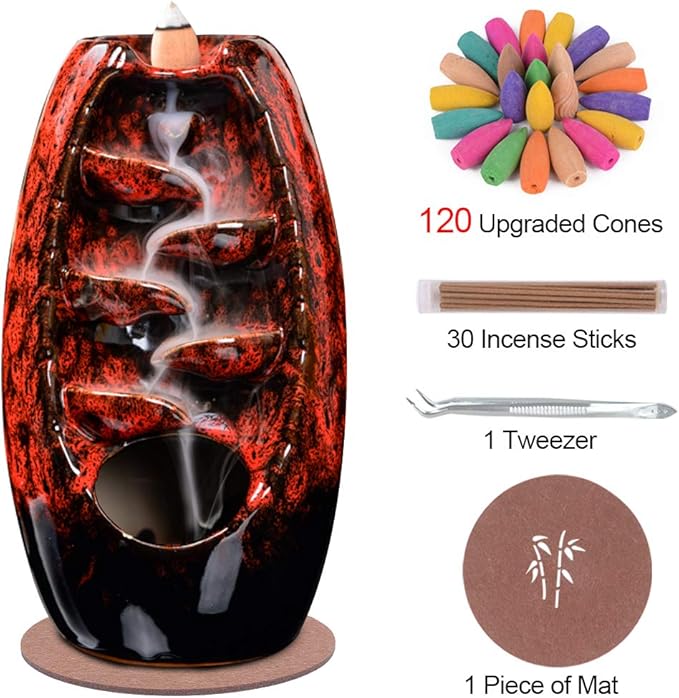 SPACEKEEPER Ceramic Incense Burner Holder Waterfall, Aromatherapy Ornament Home Decor with 120 Backflow Incense Cones & 30 Stick, Red