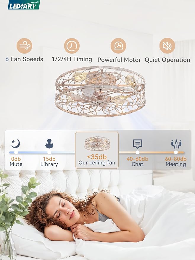 LEDIARY 23 Inch Caged Ceiling Fans with Lights, White Flush Mount Ceiling Fan with Remote&App, Large Low Profile Bladeless Ceiling Fan Light Fixture for Bedroom, Kitchen, Dining Room-White Gold Color