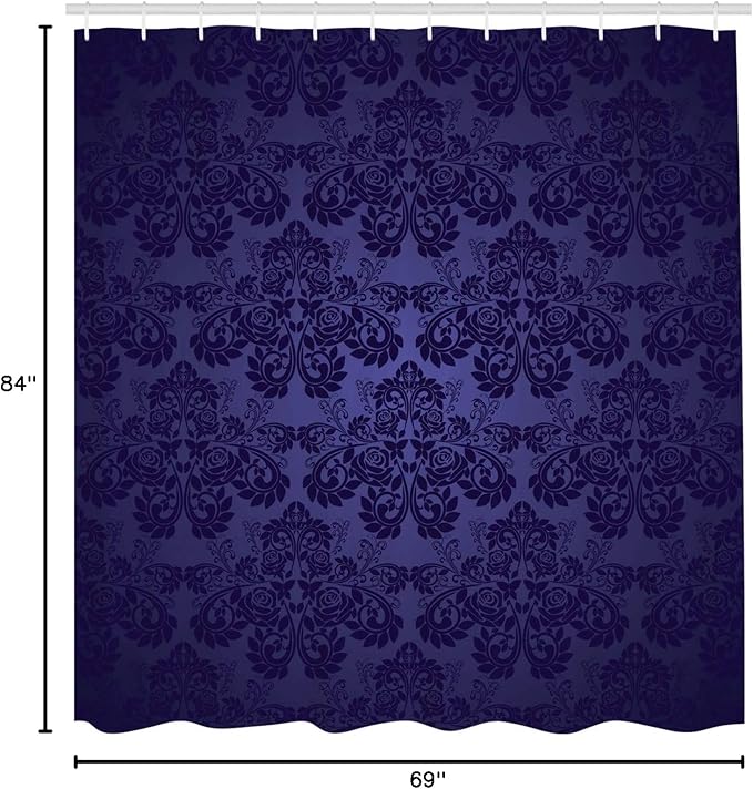 Ambesonne Dark Purple Shower Curtain, Royal Floral Damask Motifs Antique Design Vintage Victorian Print, Cloth Fabric Bathroom Decor Set with Hooks, 69" W x 84" L, Dark Blue