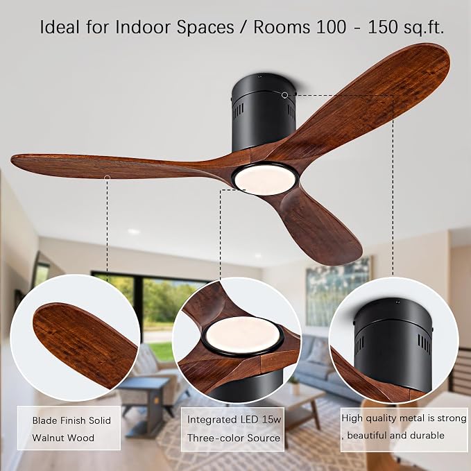 52” Ceiling Fan with Light with 6 Speed Remote/APP Control, Solid Wood Fan Blade, 3CCT Dimmable LED, Silent, Recessed Ceiling Fan for Bedroom, Hallway