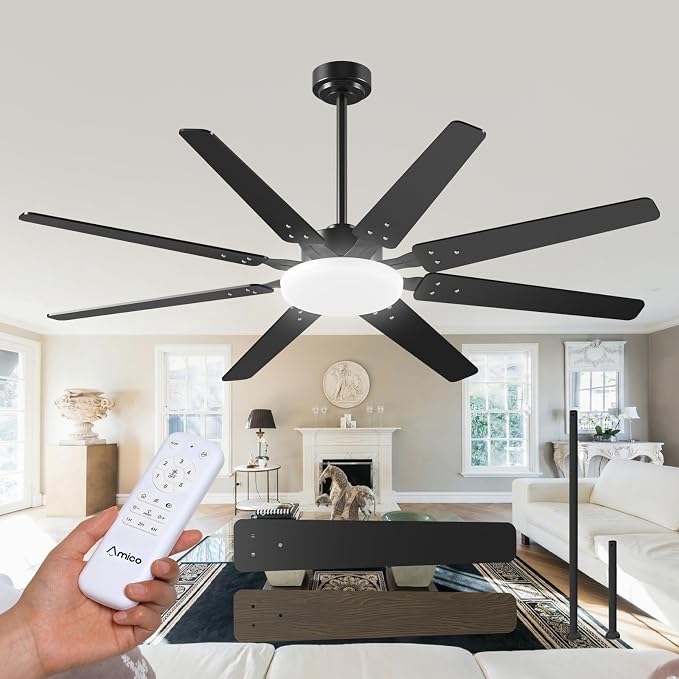 Amico 80 inch Ceiling Fans with Lights,Large Ceiling Fan with Light and Remote Control, Dimmable, 6 Speed Reversible Quiet DC Motor, Black Modern Ceiling fan For Living Room, Bedroom, Kitchen, Patio