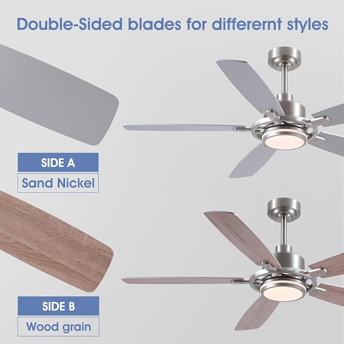SHIHOT 54" Silver Ceiling Fans with Lights and Remote for Bedroom Kitchen | 6 Wind Speeds, Reversible, Dimmable 3 Light Colors LED Light, 30W Noiseless DC Motor,5 Double-Sided Blades,2H Timer