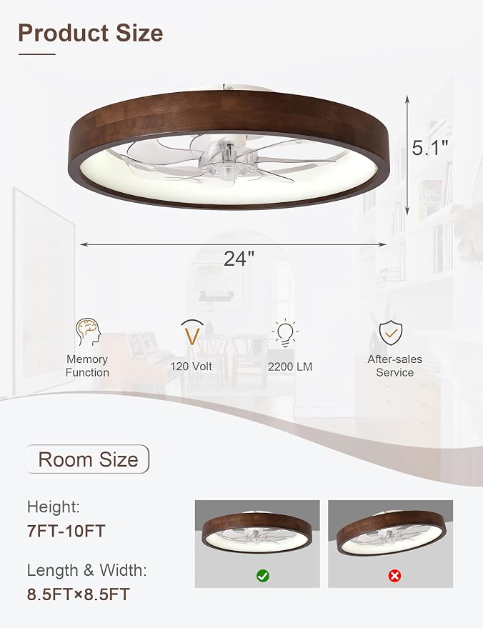 24'' Ceiling Fan with Light Fandelier Flush Mount Low Profile Wood Ceiling Fan with Dimmable LED Light 3 Color 6 Speeds