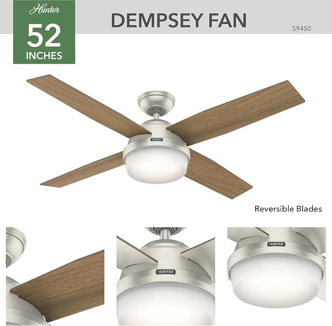 Hunter Dempsey, Outdoor or Indoor, Ceiling Fan, 52 inch, Matte Nickel