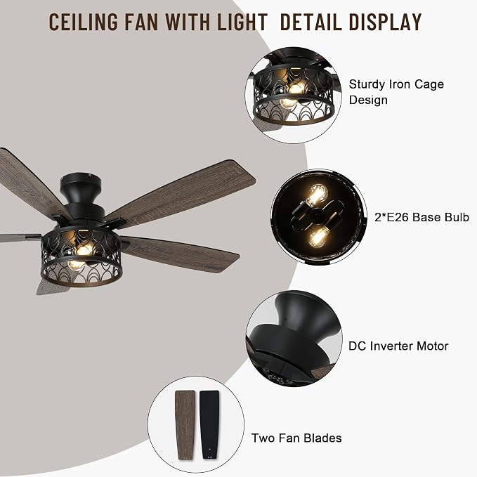 52'' Flush Mount Farmhouse Ceiling Fan with Light & Remote Control | Reversible Quiet DC Motor,6-Speed,Timer Dual-Sided Blades,Low Profile Industrial Caged Ceiling Fan for Bedroom Living Room