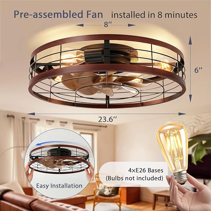 VOLISUN Farmhouse Caged Ceiling Fans with Lights Flush Mount, 23.6'' Rustic Low Profile Ceiling Fan with Light and Remote, Bladeless Fandelier Ceiling Fans with Lights for Kitchen, Bedroom(Wood)