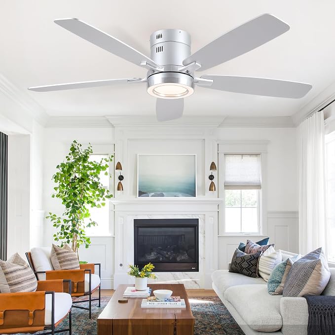 52 Inch Modern Ceiling Fans with Lights Flush Mount Indoor, Silver | Low Profile, Dimmable LED, Reversible, Quiet DC Motor, Wooden Blades, for Modern Apartment Bedroom Home Office Living Room