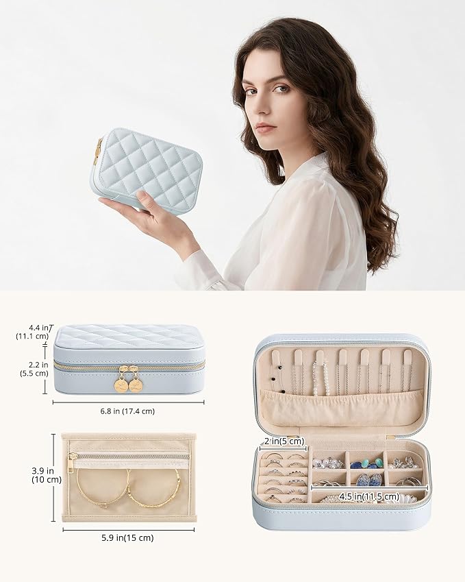 Lolalet Travel Jewelry Case for Women Girls, PU Leather Jewelry Organizer with Clear Storage Bag Small Portable Jewelry Box for Necklace Bracelet Earring Ring Birthday Bridesmaid Gifts -Medium/Blue