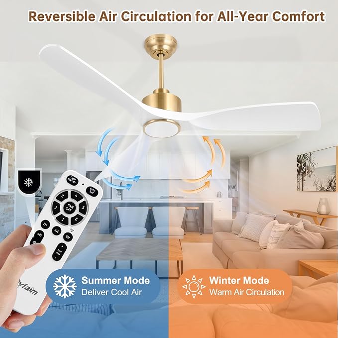 Ovlaim 52 Inch Smart Ceiling Fan with Light Remote, 6 Speed Quiet DC Motor High CFM, 3 Blade Modern White Gold Ceiling Fan for Bedroom Living Room, ETL Certified