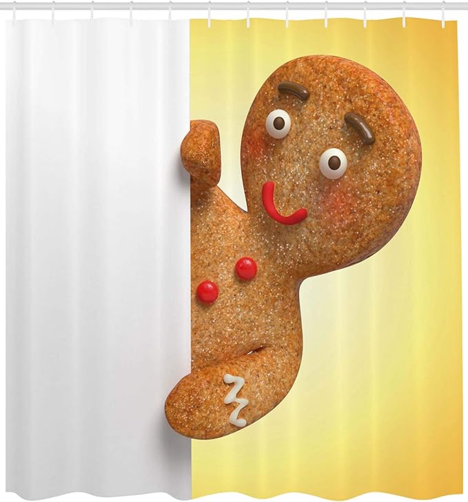 Ambesonne Gingerbread Man Shower Curtain, Gingerbread Man Holding a White Page Funny Xmas Character Print, Cloth Fabric Bathroom Decor Set with Hooks, 69" W x 84" L, Multicolor