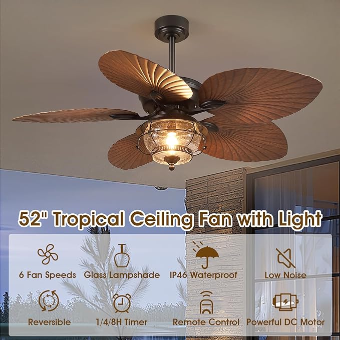 Wiviniya 52 Inch Tropical Ceiling Fans with Lights and Remote, Palm Leaf Waterproof Outdoor Ceiling Fan for Patios Porches Gazebos, Wet Rated, Glass Lampshade, Quiet DC Motor, Brown (Bulb Included)