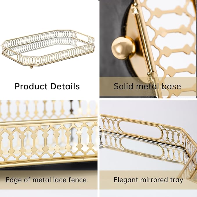 Bar Cart Tray, Decorative Mirrored Tray with Handles, Large Capacity Organizer, Gold