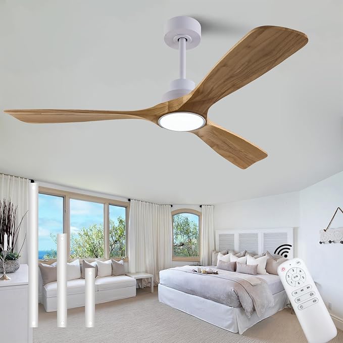 QUTWOB 52" Wood Ceiling Fan with Light, Reversible DC Motor, Remote Control | solid wood blades, quiet 6-speed reversible dc motor, remote with memory, 3-color led, for indoor outdoor patio bedroom