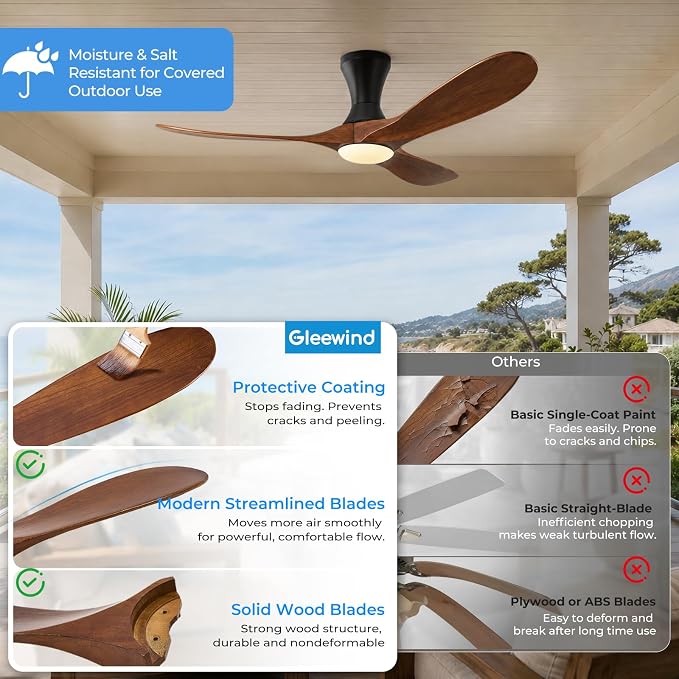52 inch Smart Flush Mount Ceiling Fans with Lights, Low Profile Ceiling Fan with WIFI Alexa and App Remote Control, Quiet DC Motor, 3 Blades Wood Modern fan for Indoor Outdoor Bedroom Patio, Walnut