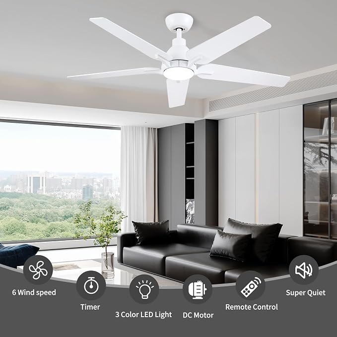 52 Inch Ceiling Fan with Light and Remote Control, White | 6-Speed Quiet Reversible DC Motor, 3CCT Dimmable 24W LED Light,5 Wood Blades,Used for Bedroom, Living Room, Covered Patio