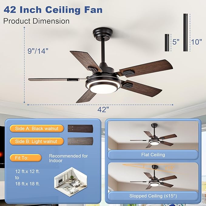 Depuley 42-Inch Ceiling Fan with Light: Walnut Ceiling Fans with 5 Blades Dual Finish Reversible - Farmhouse Ceiling Fan with Remote Control Noiseless for Living Room Outdoor Patios