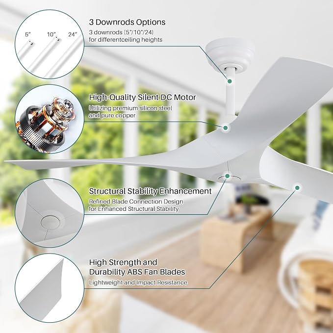 CACI Mall 52 Inch Propeller Ceiling Fan No Light, Remote Control, 6 Speeds Noiseless DC Motor, 3 ABS Blades, Indoor Outdoor Ceiling Fans for Living Room, Bedroom, Patio