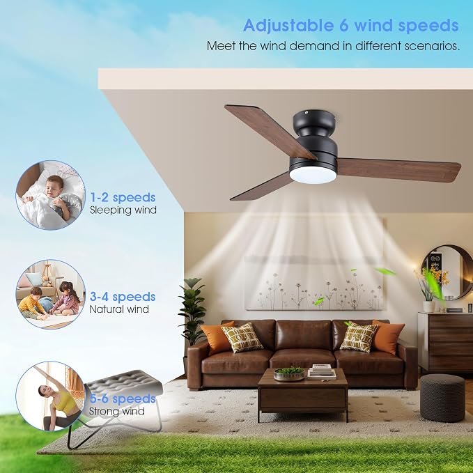 Kviflon 46 Inch Ceiling Fans with Lights and Remote/APP Control, Low Profile Ceiling Fan with Lamp, Flush Mount, 3CCT, 3 Reversible Blades 6 Speeds, Double Sided Fans for Bedroom, Brown+Black