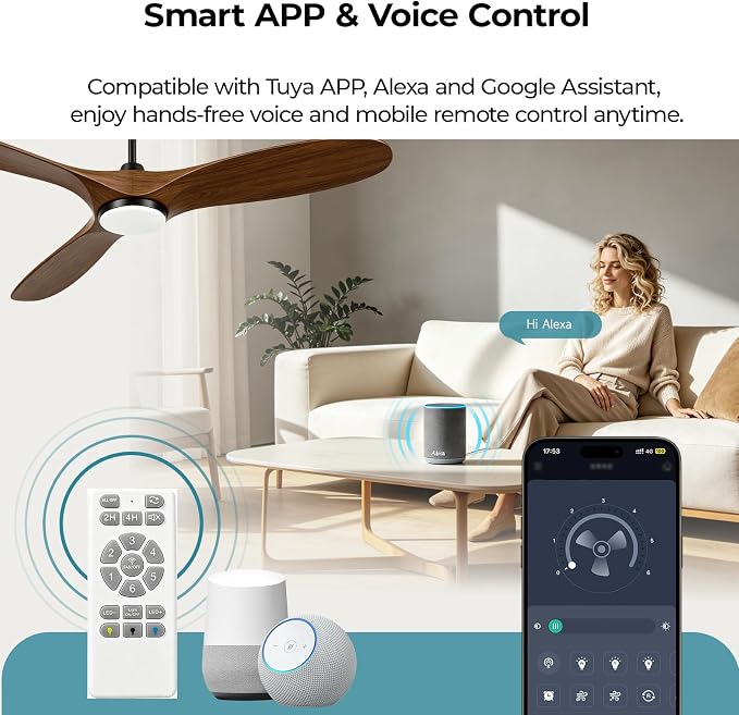 Ceiling Fans with Lights, 72 Inch Wooden Ceiling Fans with App Voice Remote Control, 6 Speed Quiet Fan, Dimmable Light Flush Mount Ceiling Fan for Bedroom Living Room, Walnut Wood