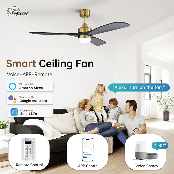 Sofucor 52" Smart Wood Ceiling Fans Lights, Flush Mount & Downrod Mount, 3 Wood Blades Modern Outdoor Ceiling Fans with Alexa/Google Assistant/APP/Remote Control for Bedroom, Farmhouse, Patio, Indoor