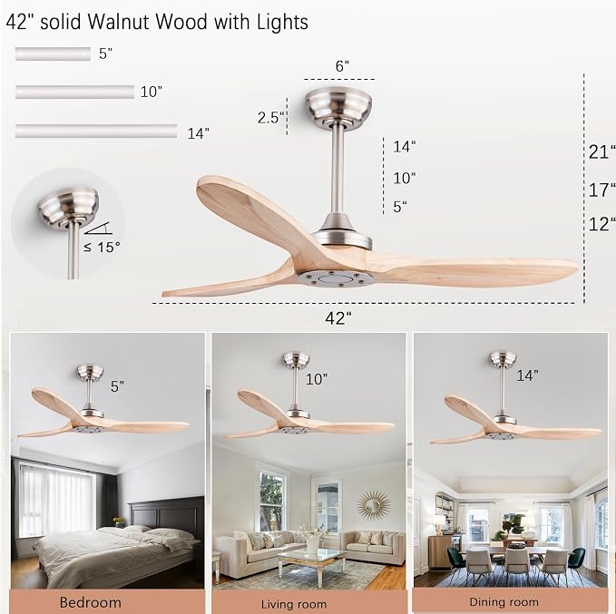 QUTWOB 42" Wood Ceiling Fan No Light, Reversible DC Motor, Remote Control | solid wood blades, quiet 6-speed reversible dc motor, remote control, no light, for indoor outdoor patio garage bedroom
