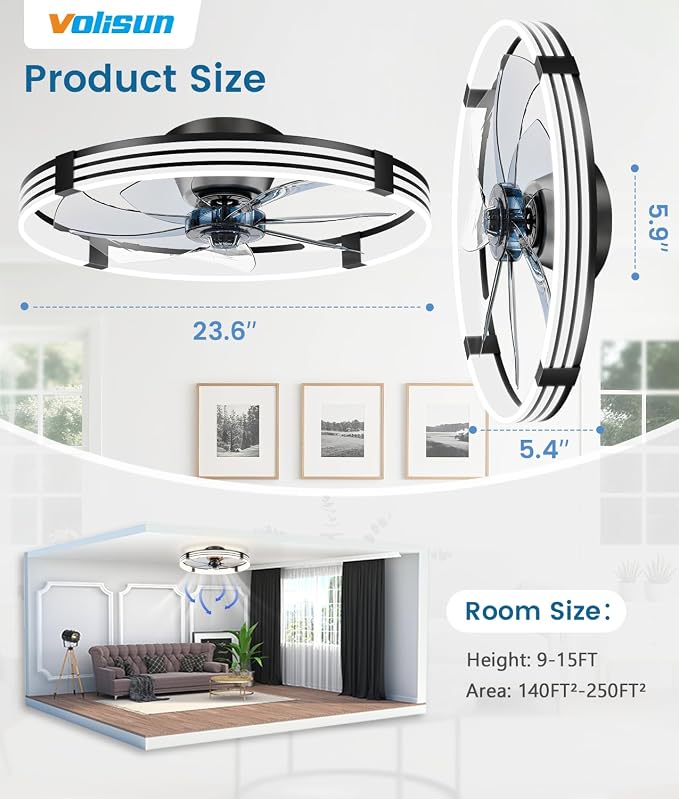 VOLISUN Low Profile Ceiling Fans with Lights and Remote, 24in Flush Mount Ceiling Fan with Light, 3000K-6500K Dimmable Fandelier LED Fan Light, Black Bladeless Ceiling Fans with Lights for Bedroom