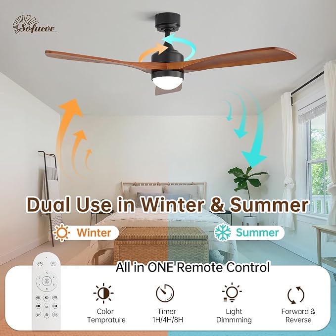 Sofucor 52" Solid Wood Ceiling Fan Lights, Flush Mount & Downrod Mount Ceiling Fan with Lights and Remote, Wood Blades Modern Outdoor Ceiling Fans for Bedroom/Farmhouse/Patio/Indoor