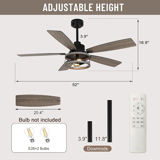 52'' Farmhouse Ceiling Fans with Lights and Remote Control | Reversible DC Motor,5 Double Colour Blades,Rustic Caged Chandelier Ceiling Fan with Light for Living Room,Dining Room,Bedroom