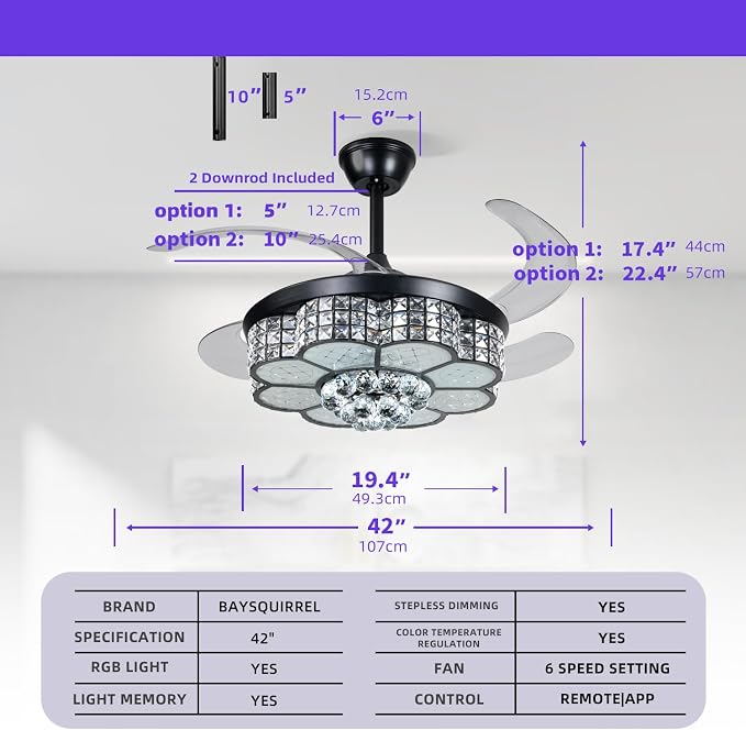 BAYSQUIRREL Retractable Crystal Ceiling Fan with Light, Bluetooth Ceiling Fans with Speaker and Remote/APP Control, 6 Speeds Reversible Blades, RGB-LED Dimmable Chandelier Ceiling Fan