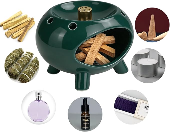 Ceramic Palo Santo Holder, Mini Chimenea Incense Burner with Vent Holes for Burn Sage, Smudge Sticks, Cones, Candle, Cedar and Zen Burner for Yoga, Meditation, Energy, Ash Catcher (Green)