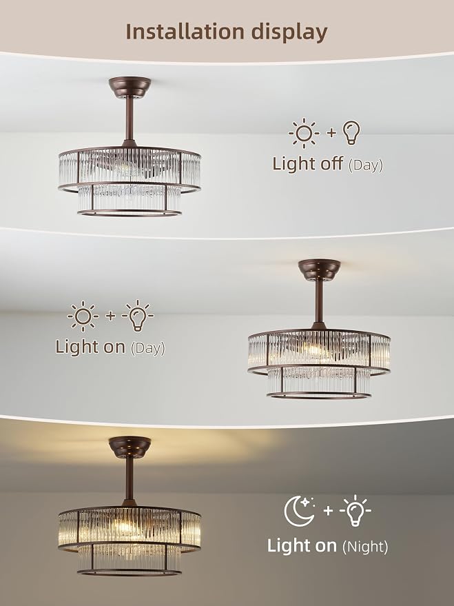 Brown Fandelier Ceiling Fans with Lights, 20" Brown Crystal Chandelier Ceiling Fan with Light Remote Control, Caged Mid Century with 6 Speeds for Bedroom, Living Room, Nursery